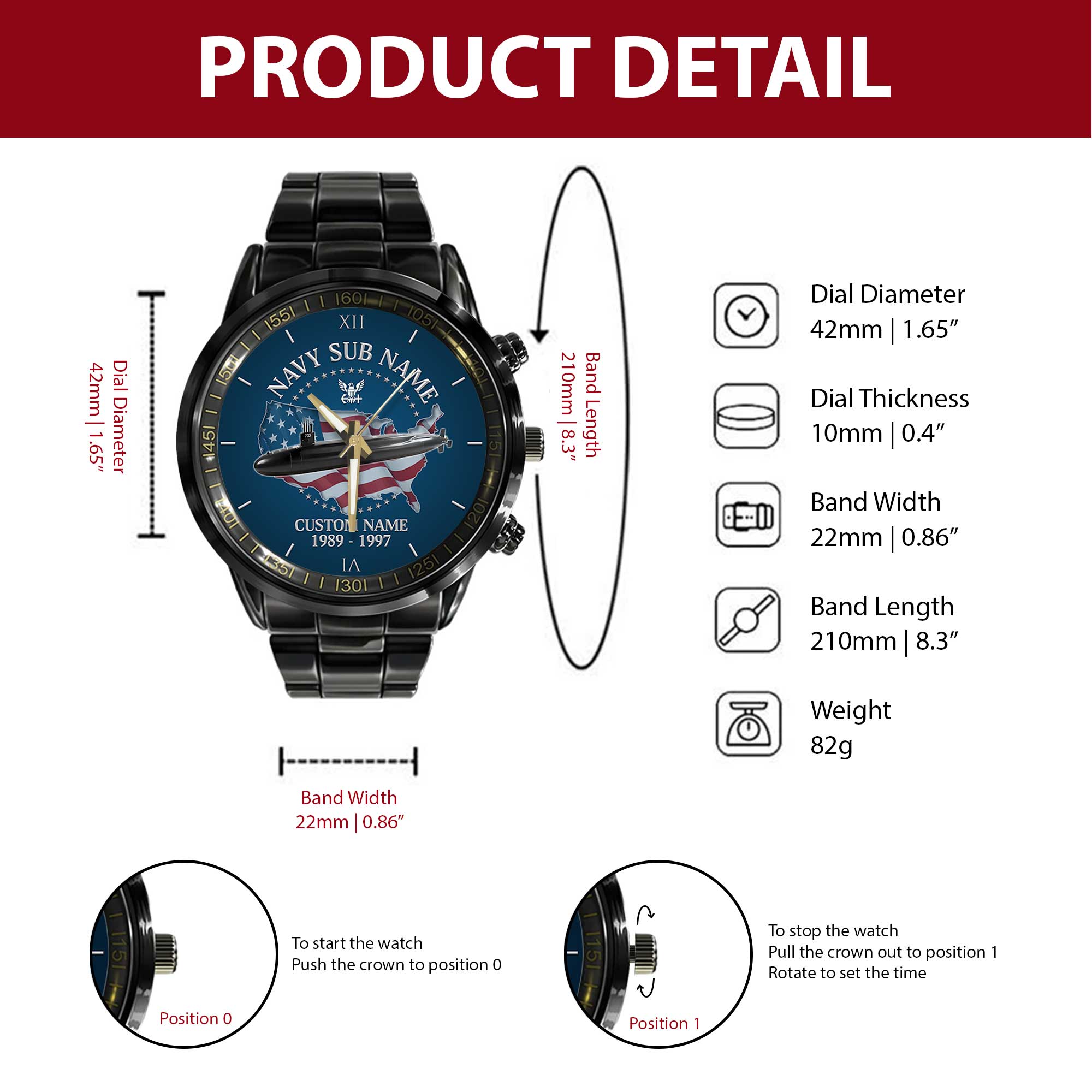 Personalizable Navy Submarine Stainless Steel Watch