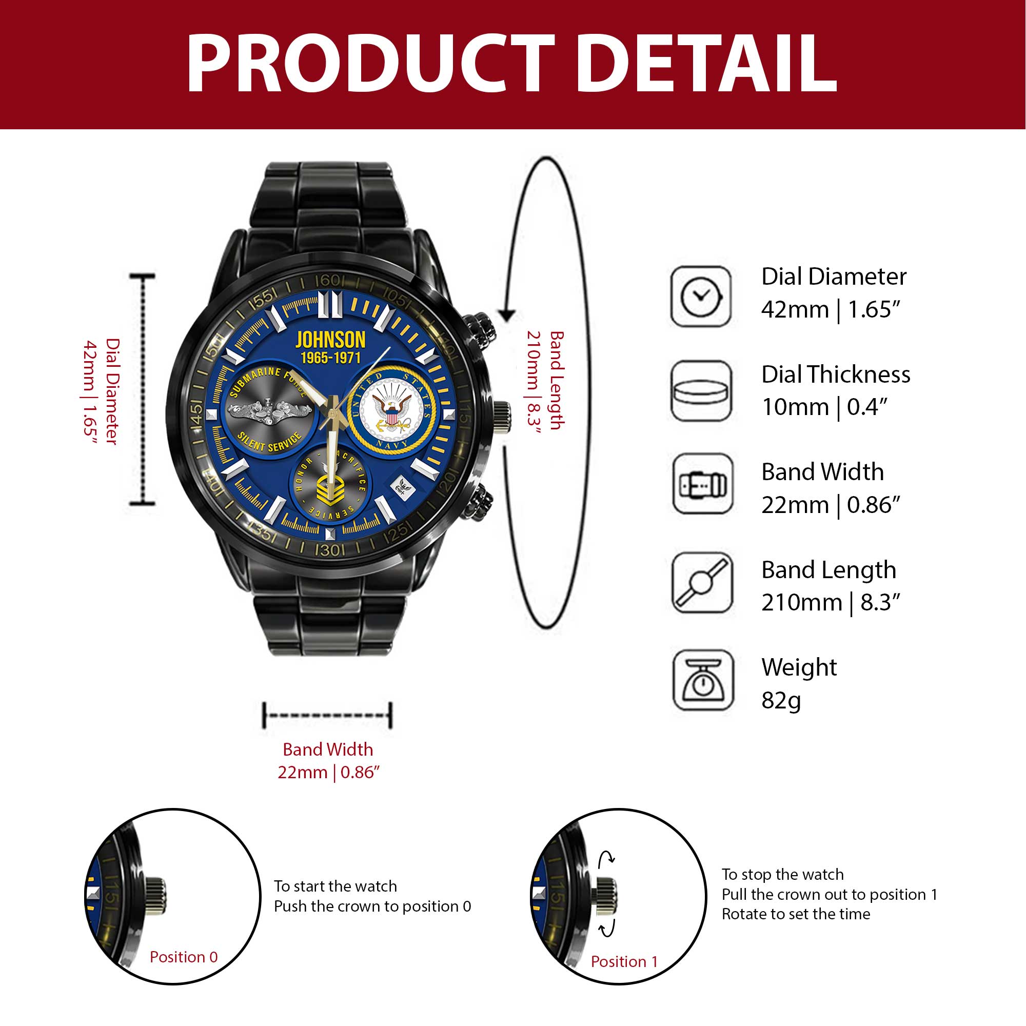 Personalizable Navy Submarine Stainless Steel Watch