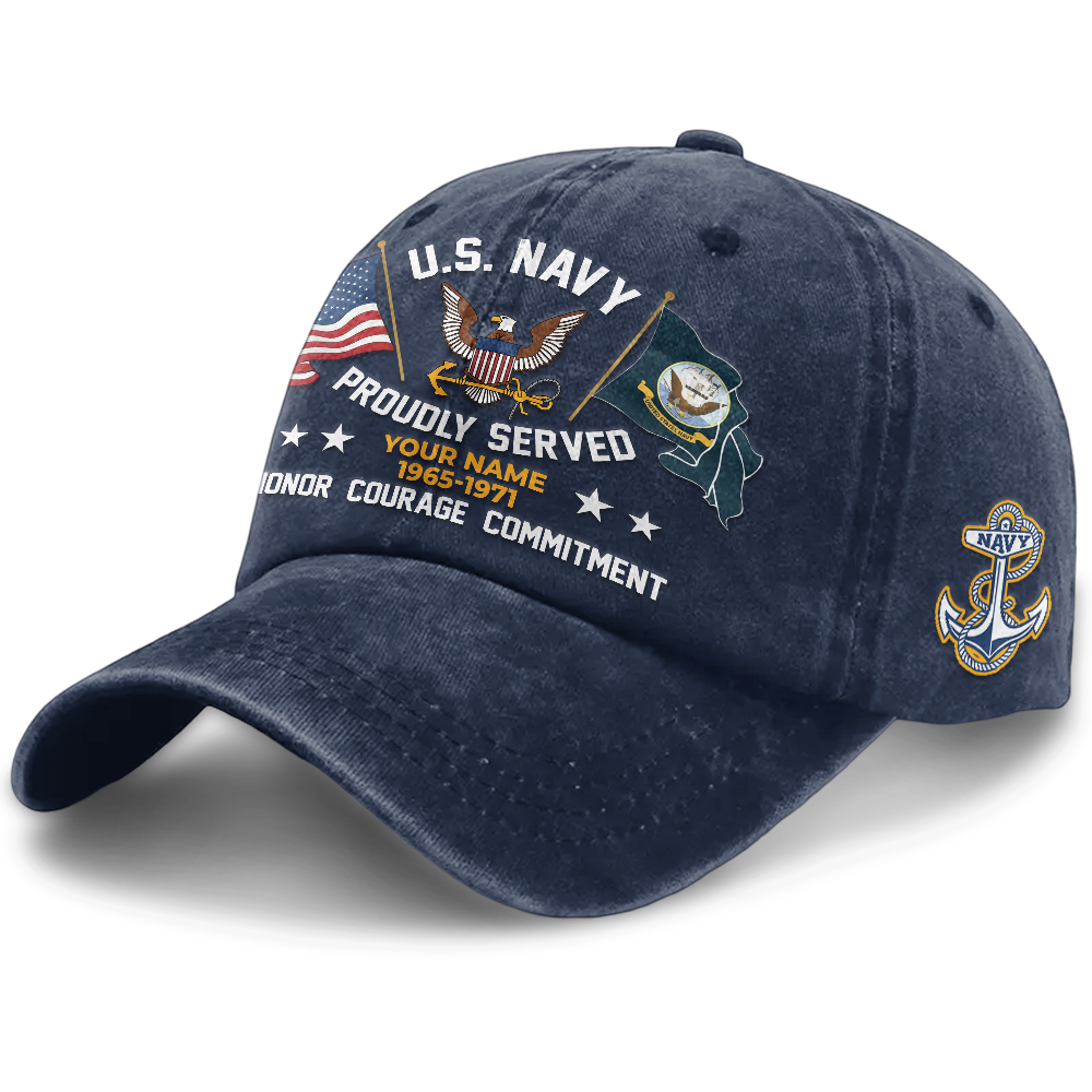 Personalized Navy Proudly Served Washed Cap