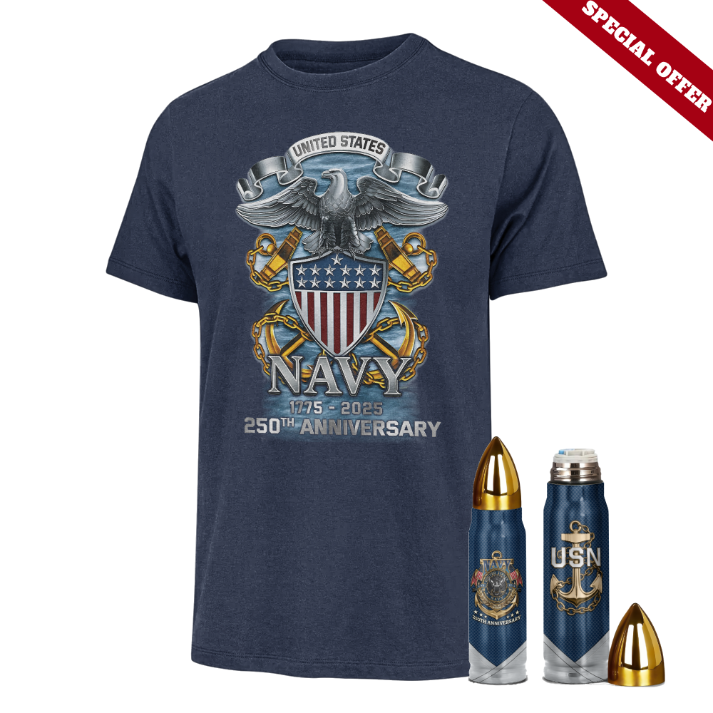 Navy 250th Anniversaey Classic Tee  & Bullet Tumbler  Combo