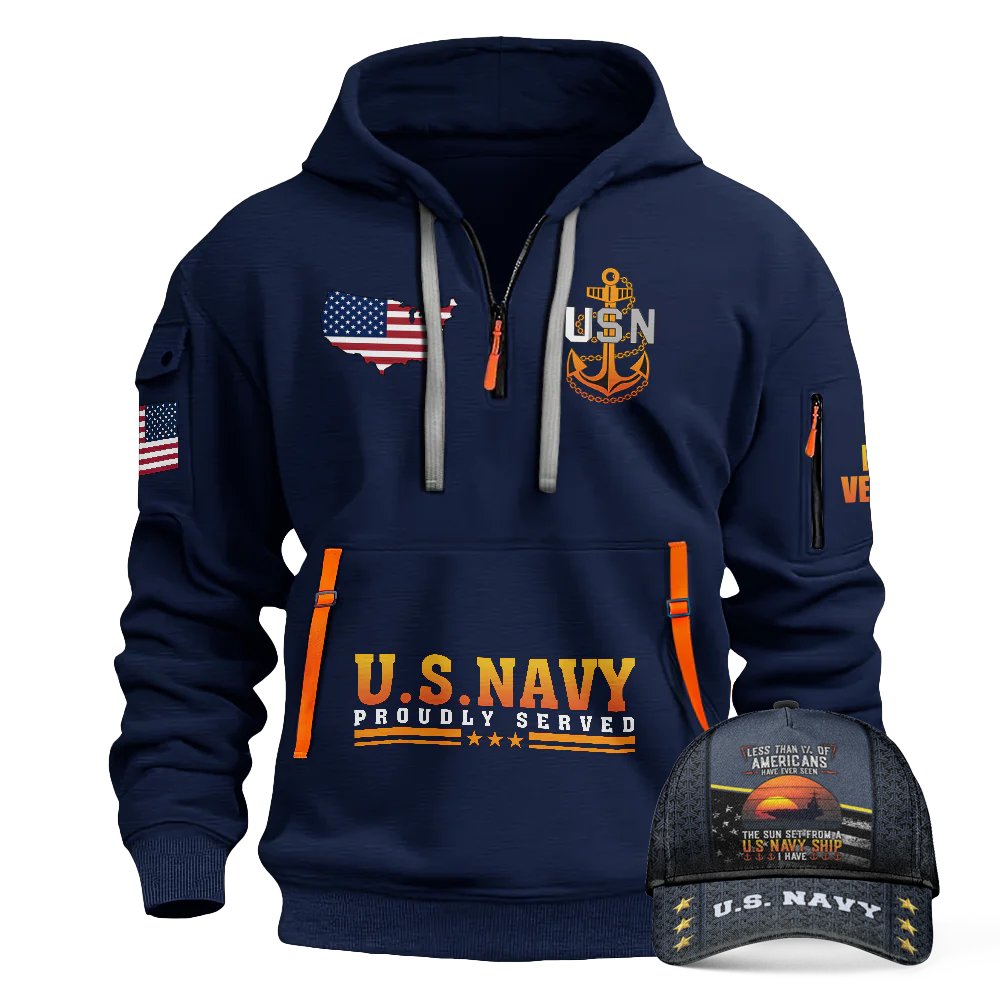 Less Than 1% Navy Ship Quarter Zip Hoodie & Cap Combo