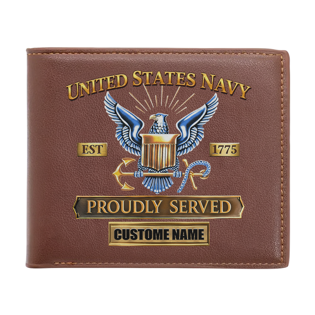 Personalizable Navy Proudly Served Leather Wallet
