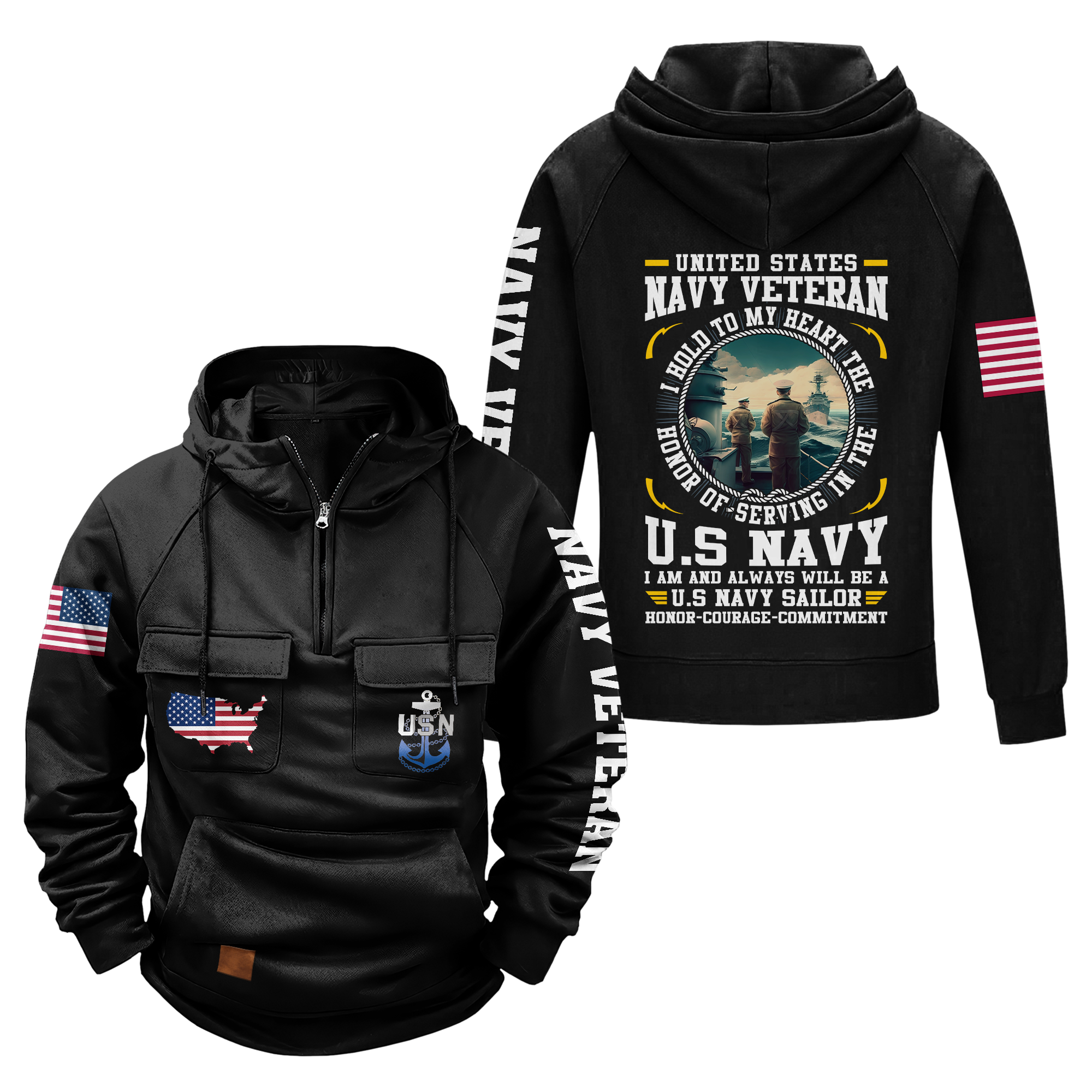 Navy Honor Courage Commitment Vintage Quarter Zip Hoodie