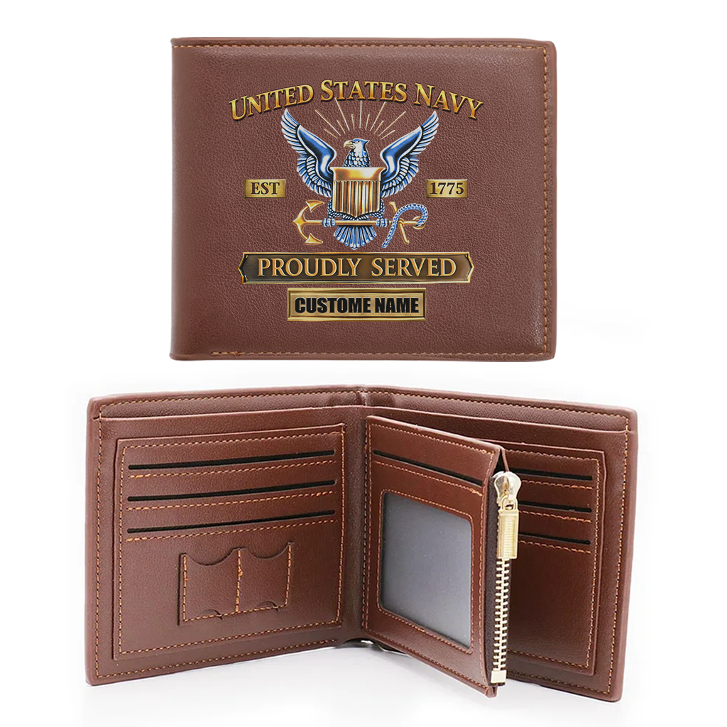 Personalizable Navy Proudly Served Leather Wallet