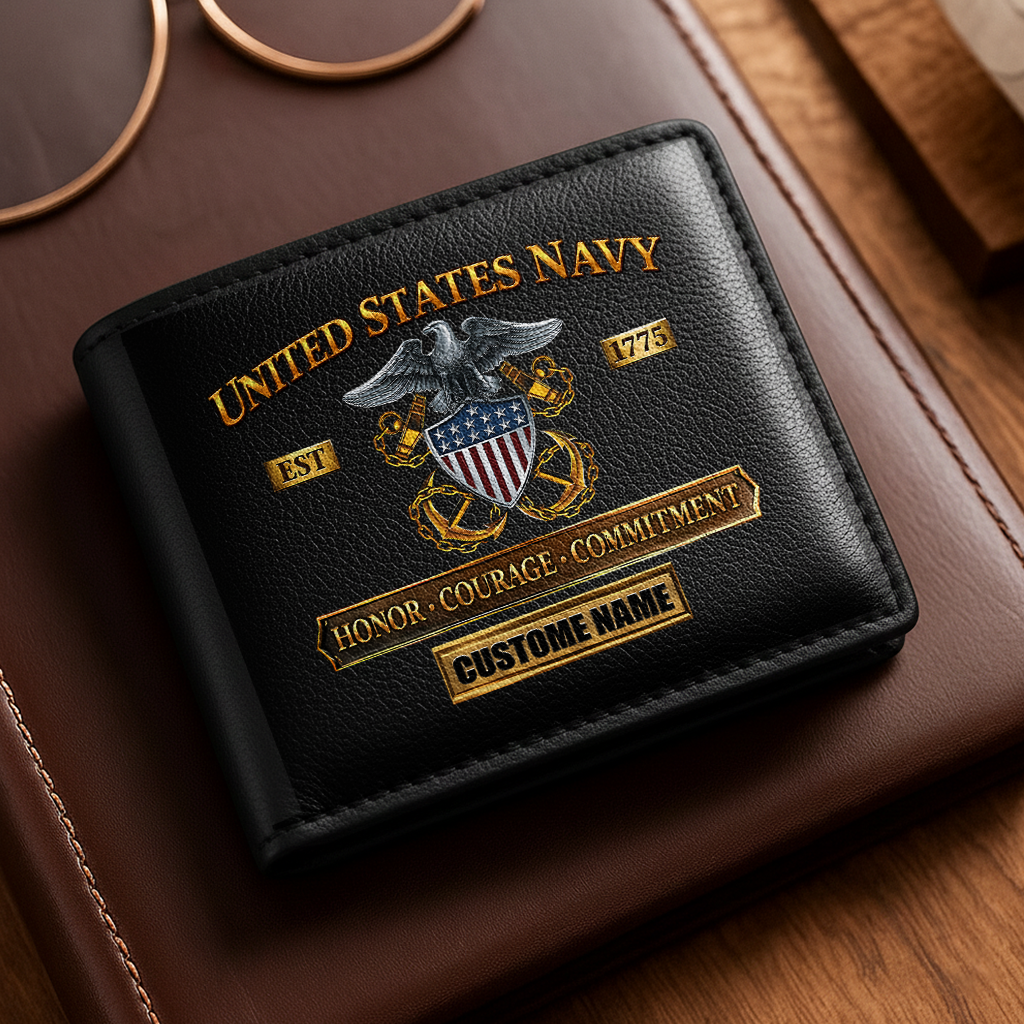 Personalizable Navy Honor Courage Commitment Leather Wallet