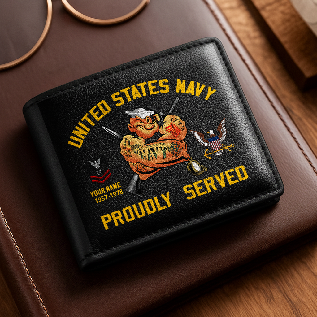 Personalizable Navy Proudly Served Leather Wallet