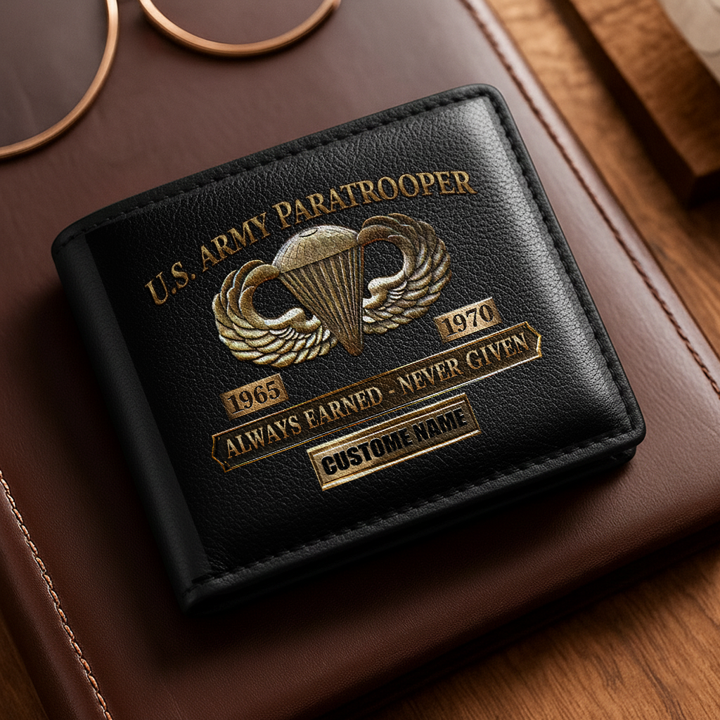 Personalizable Army Paratrooper Always Earned Never Given Leather Wallet