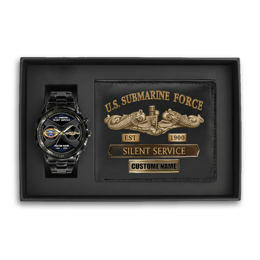 Personalizable Navy Submarine Leather Wallet & Stainless Steel Watch Bundle
