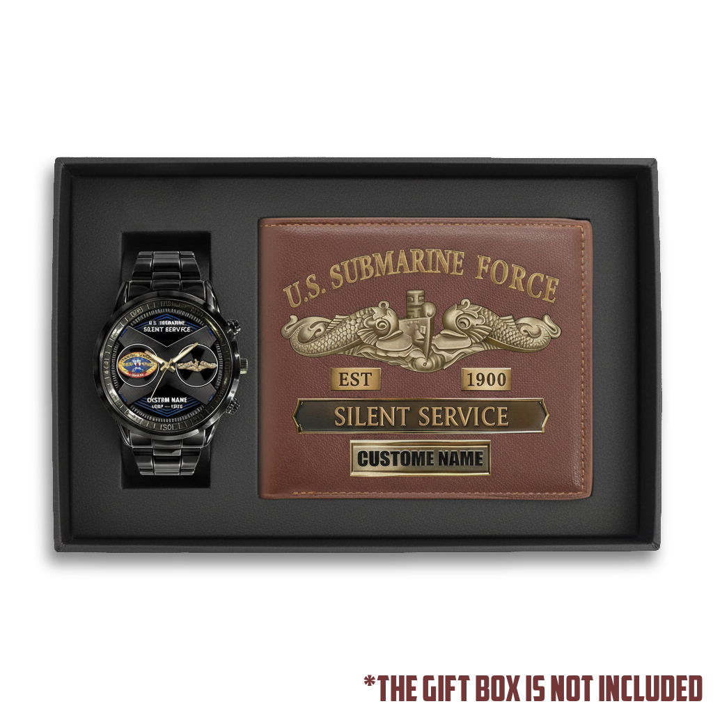 Personalizable Navy Submarine Leather Wallet & Stainless Steel Watch Bundle