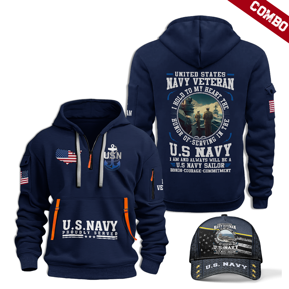 Navy Honor Courage Commitment Combo Quarter Zip Hoodie Cap