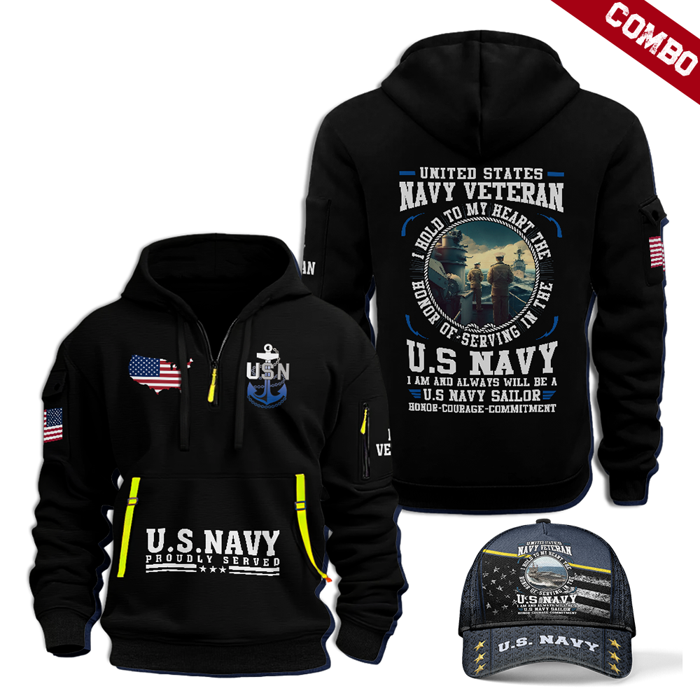 Navy Honor Courage Commitment Combo Quarter Zip Hoodie Cap