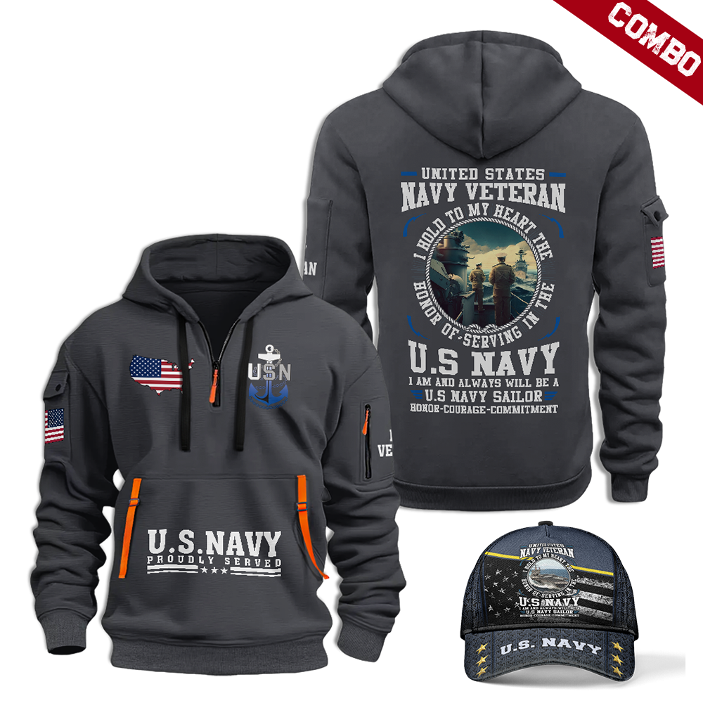 Navy Honor Courage Commitment Combo Quarter Zip Hoodie Cap