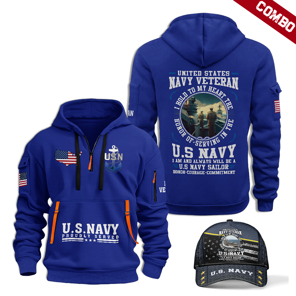 Navy Honor Courage Commitment Combo Quarter Zip Hoodie Cap