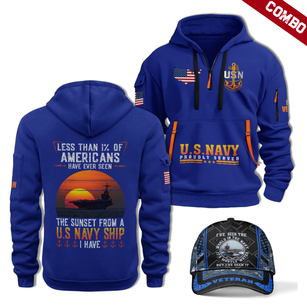 Less Than 1% Navy Ship Quarter Zip Hoodie & Cap Combo