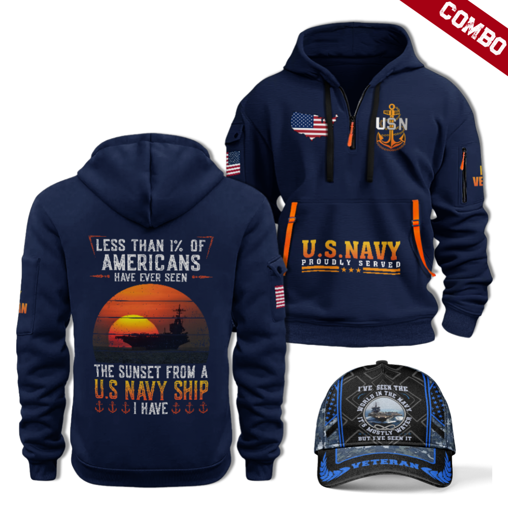 Less Than 1% Navy Ship Quarter Zip Hoodie & Cap Combo