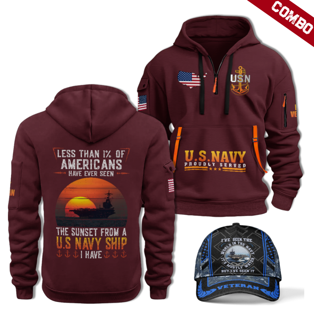 Less Than 1% Navy Ship Quarter Zip Hoodie & Cap Combo