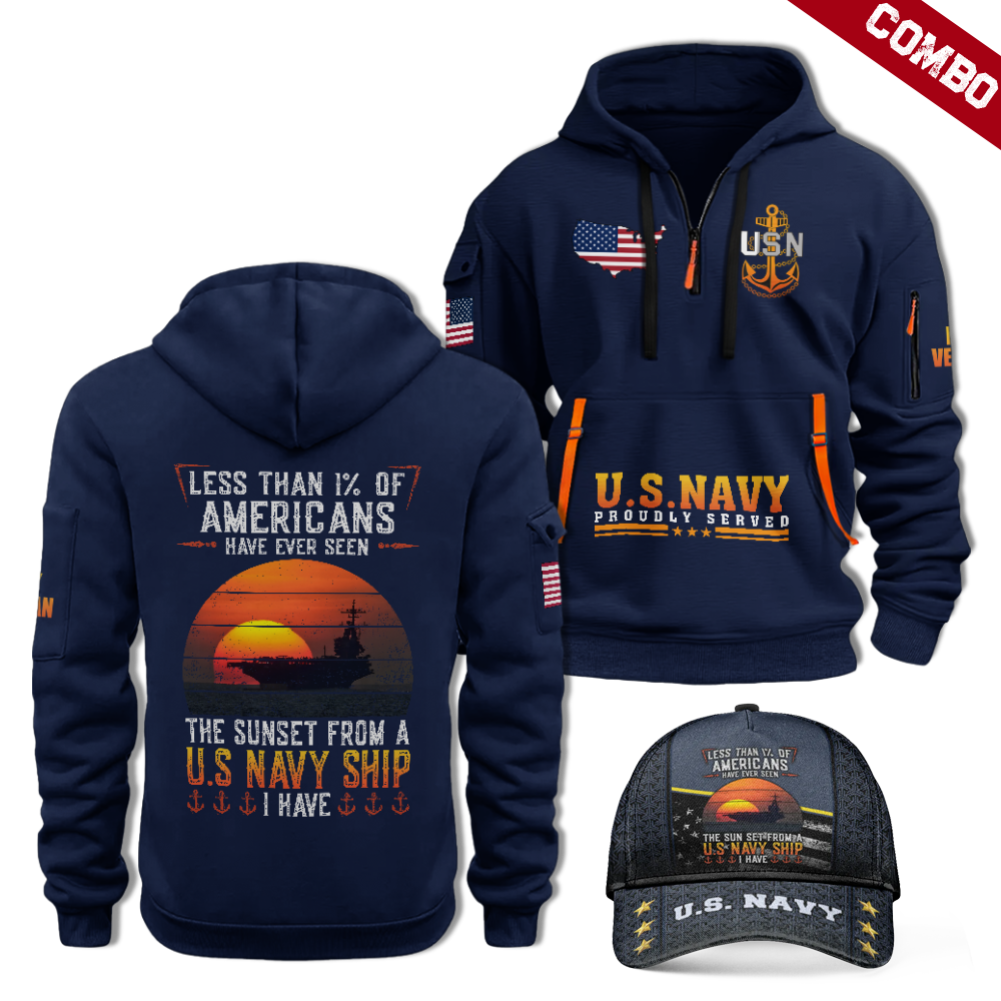 Less Than 1% Navy Ship Quarter Zip Hoodie & Cap Combo