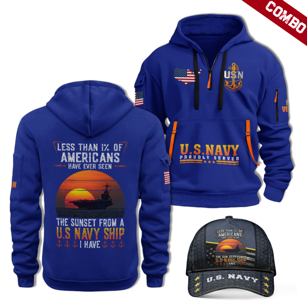 Less Than 1% Navy Ship Quarter Zip Hoodie & Cap Combo