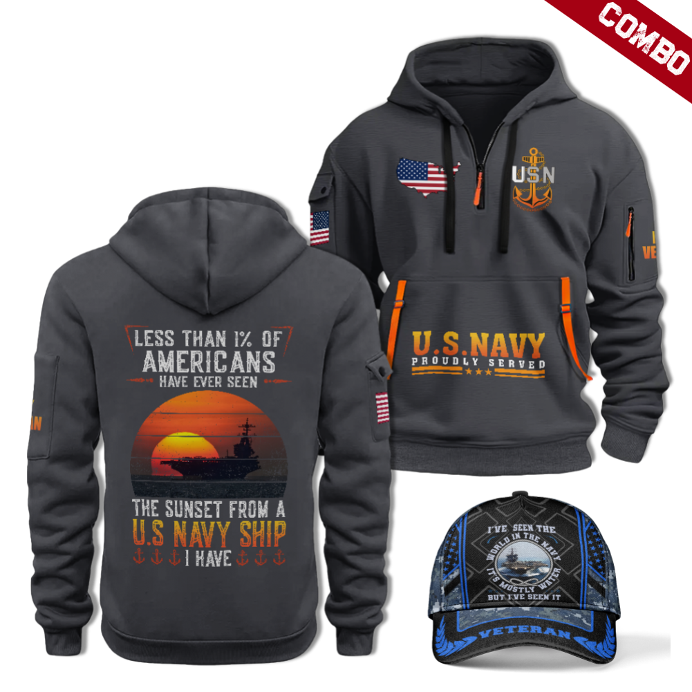 Less Than 1% Navy Ship Quarter Zip Hoodie & Cap Combo