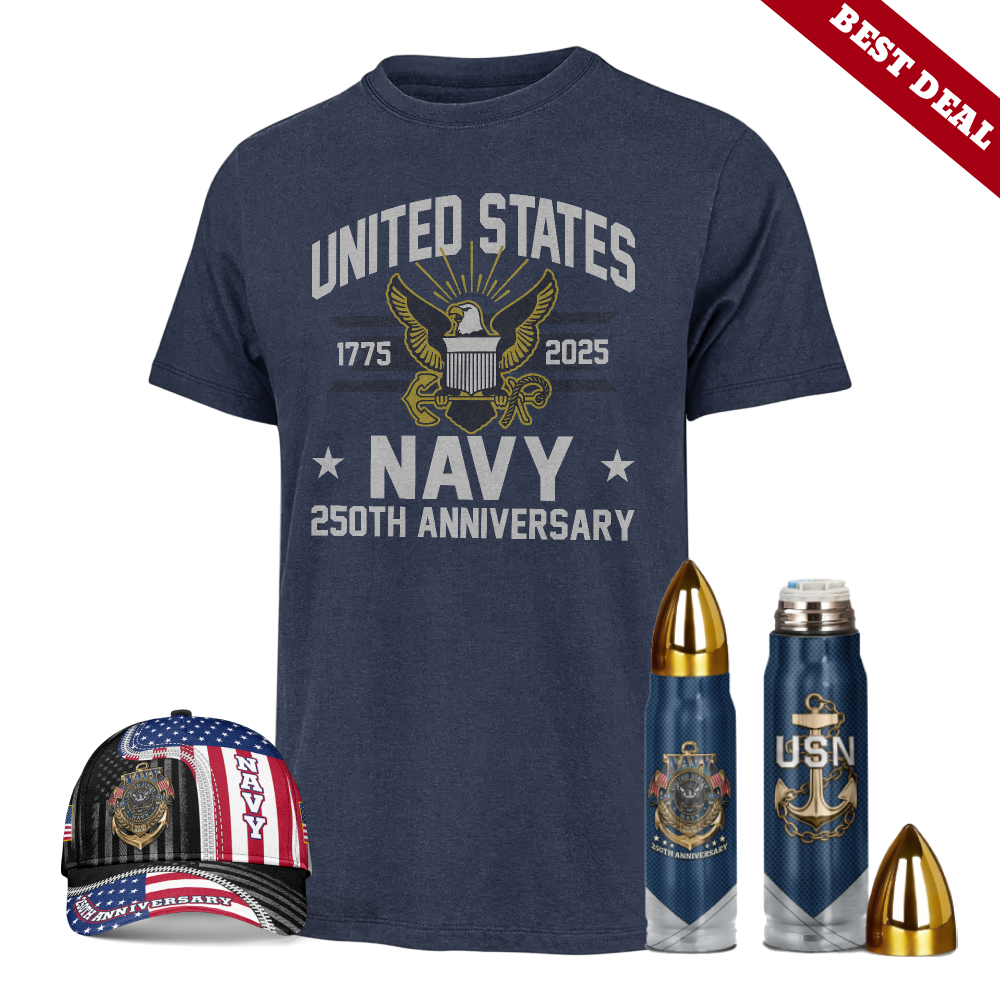 Navy 250th Anniversary Classic Tee & Cap & Bullet Tumbler Combo