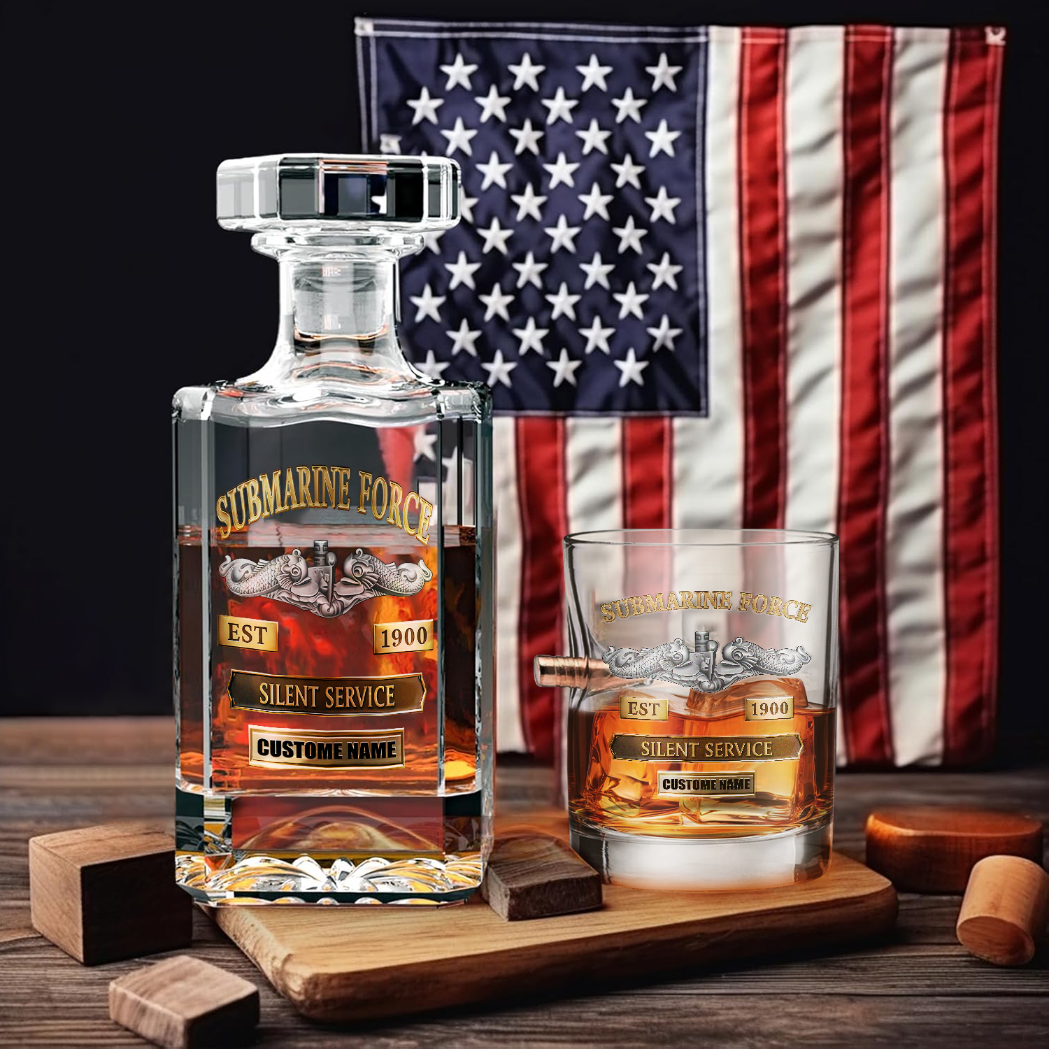 Personalizable Navy Submarine Bullet Whiskey Glass & Decanter Set
