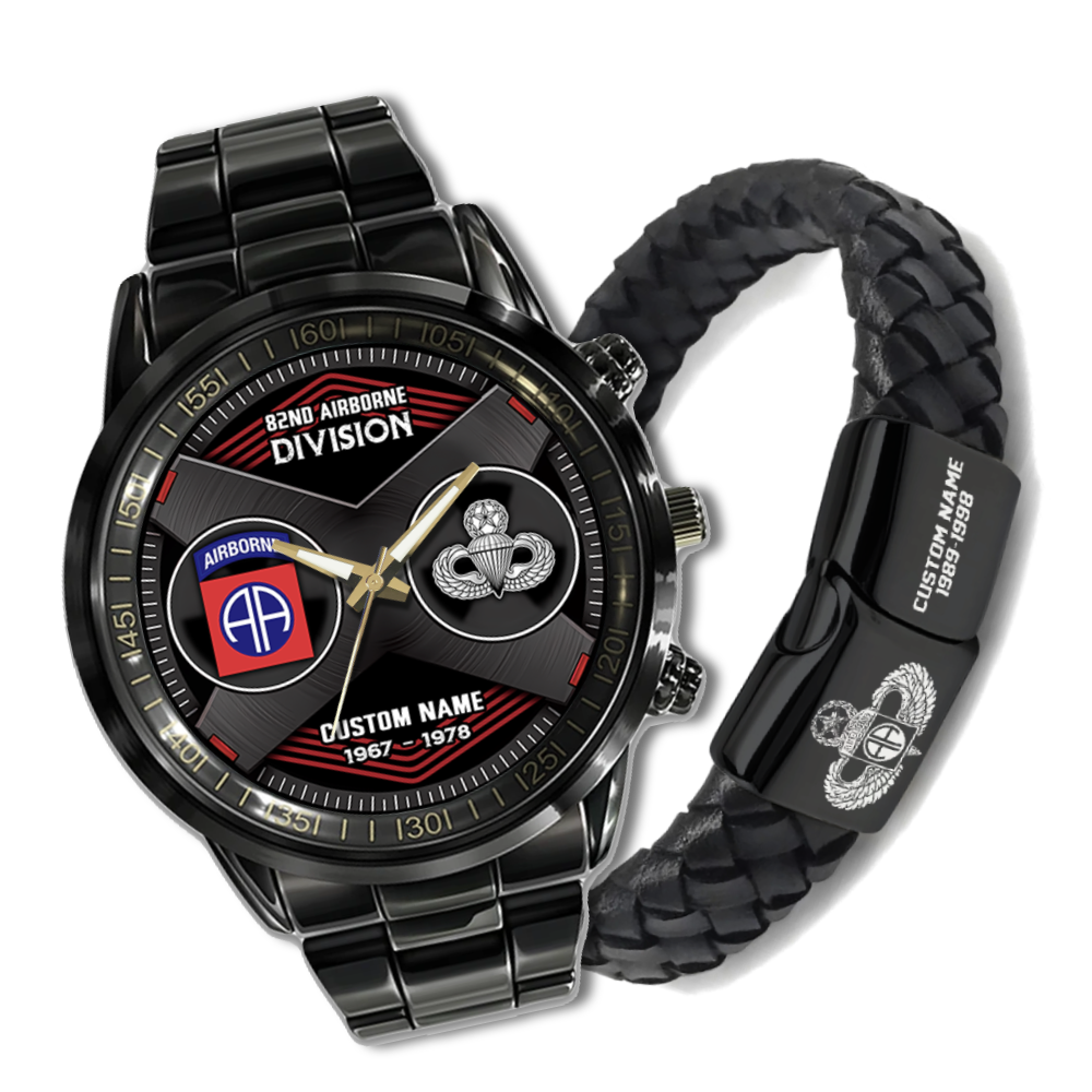 Personalizable 82nd Airborne Division Stainless Steel Watch & Leather Bracelet