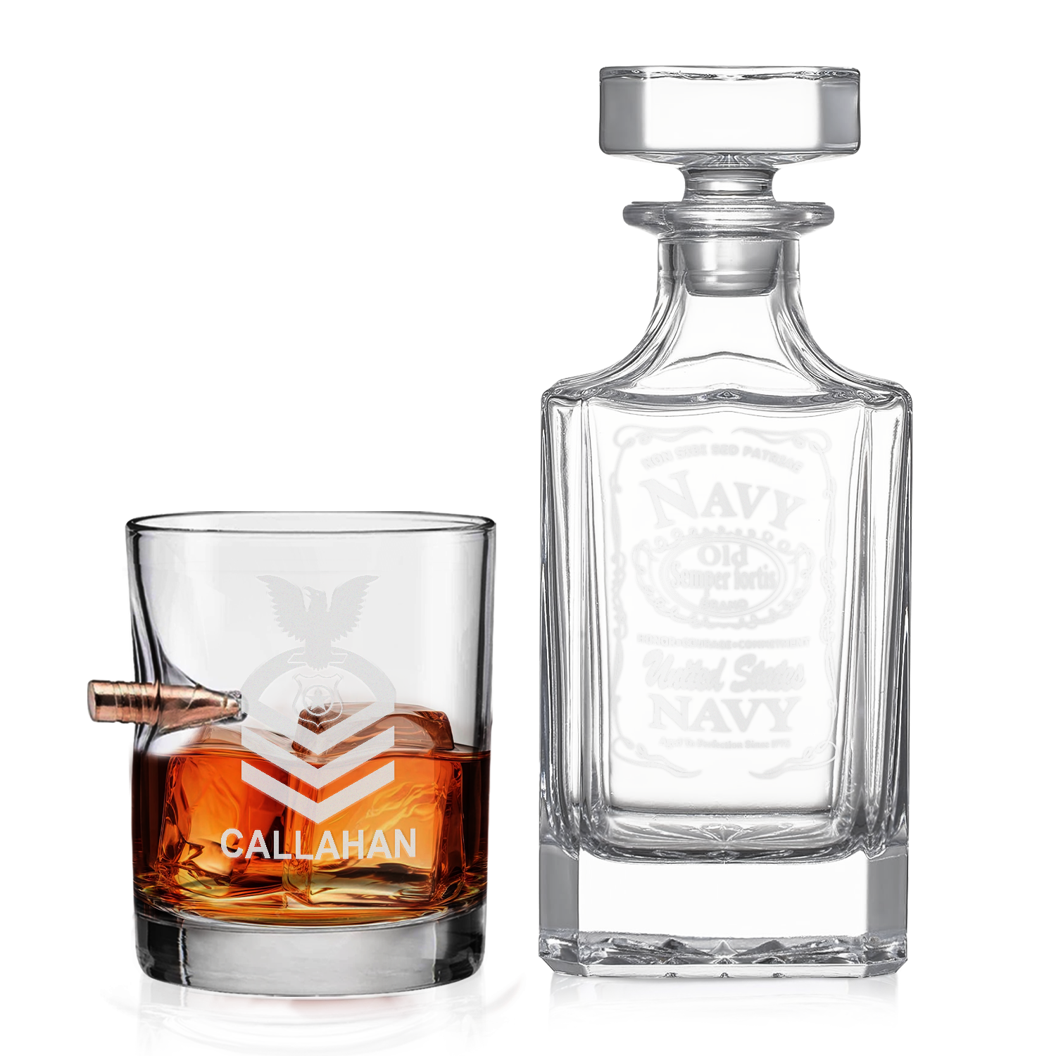 Personalizable Navy Submarine Bullet Whiskey Glass & Decanter Set