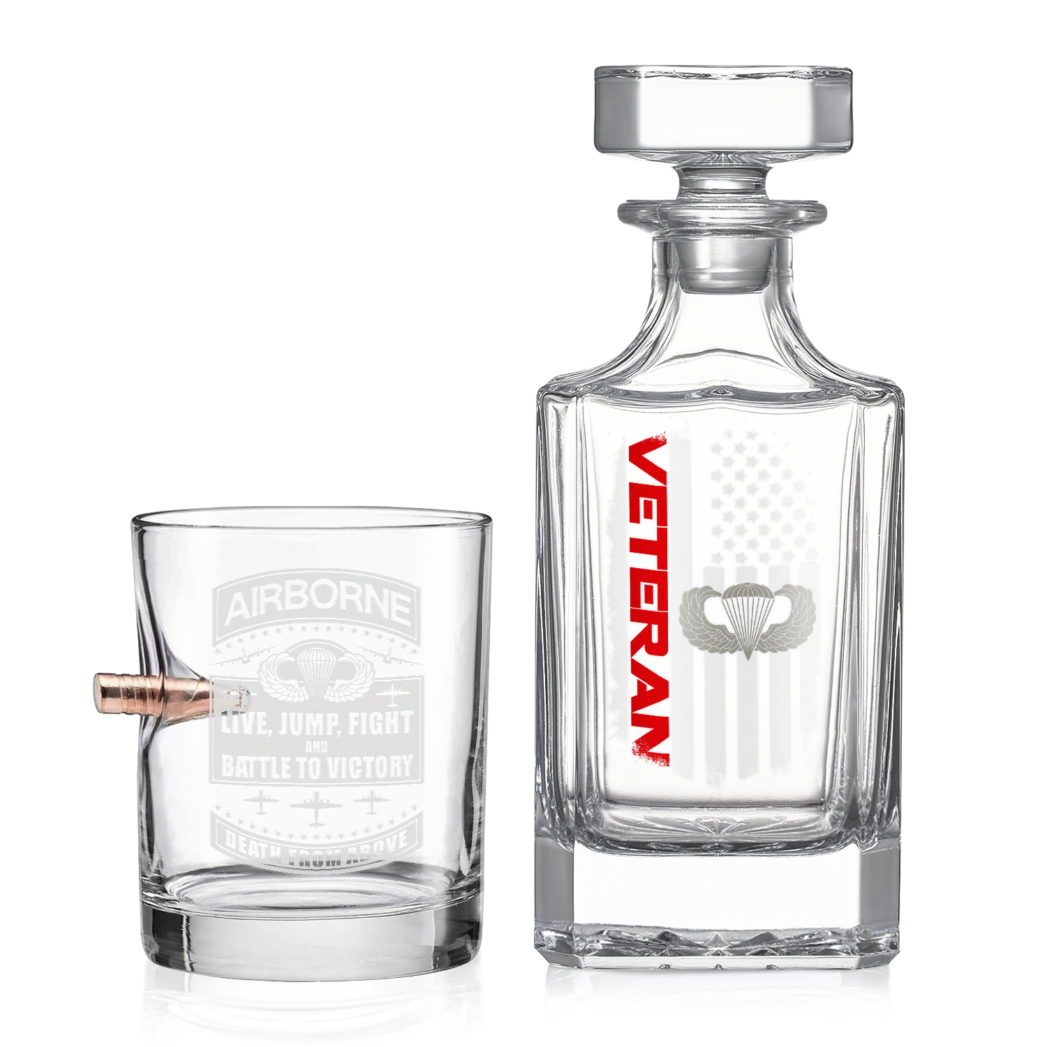 Airborne Veteran Set of 1 Bullet Whiskey Glass & Decanter (x1 Coaster Gift)