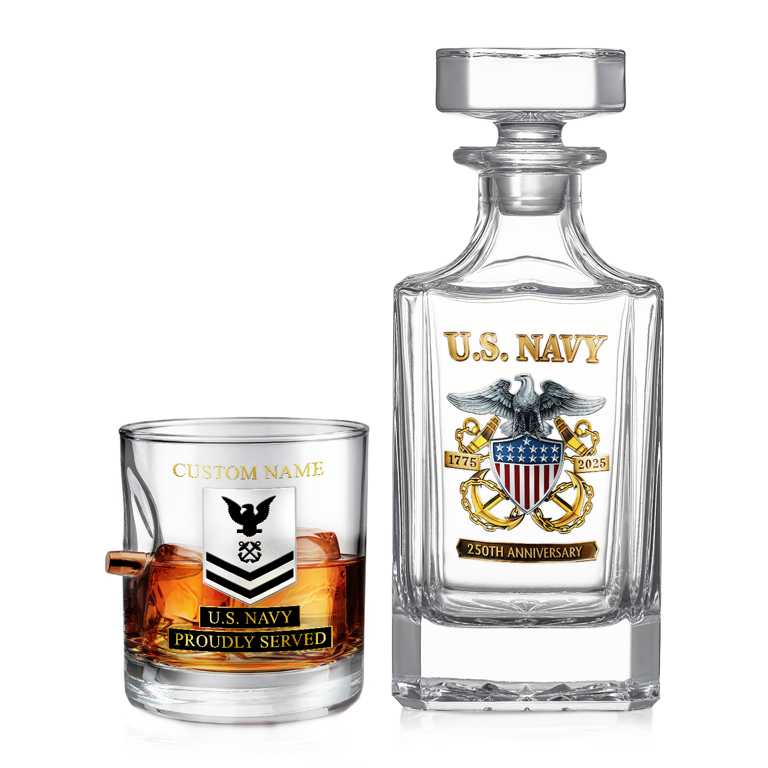 Personalizable Navy 250th Anniversary Bullet Whiskey Glass & Decanter Set