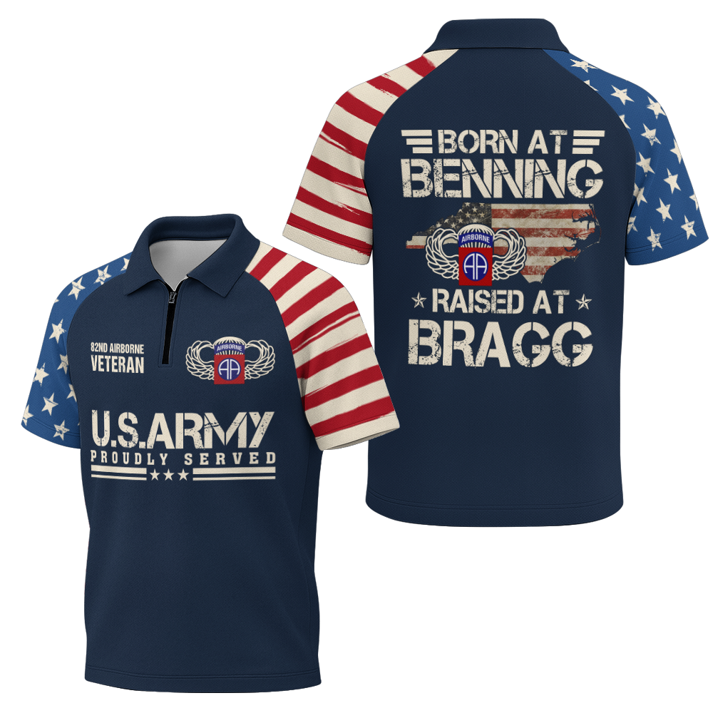 Airborne Born At Benning Raised At Bragg Raglan Zip Polo Shirt
