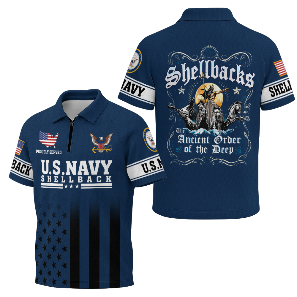 Navy Shellback Ancient Order Of The Deep Raglan Zip Polo Shirt