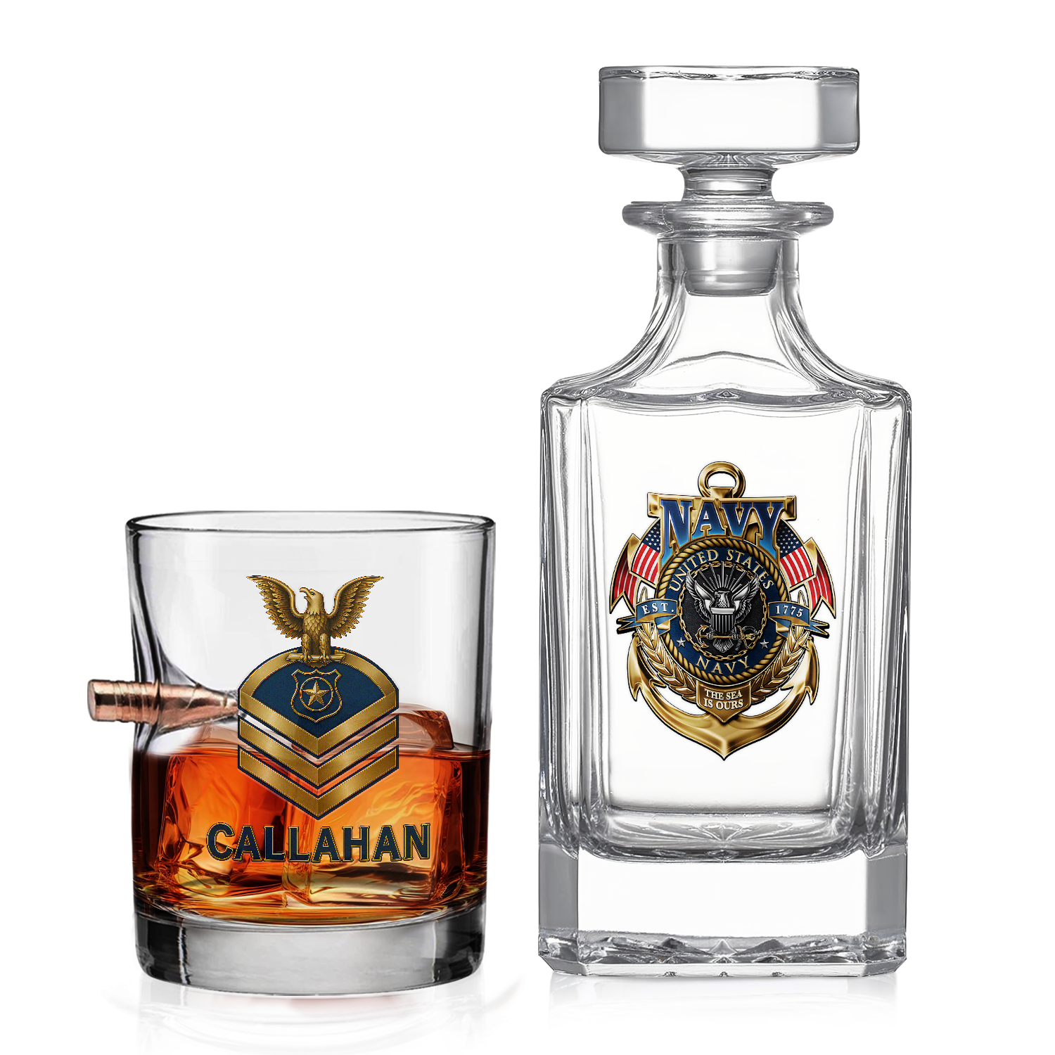 Personalizable Navy Submarine Bullet Whiskey Glass & Decanter Set