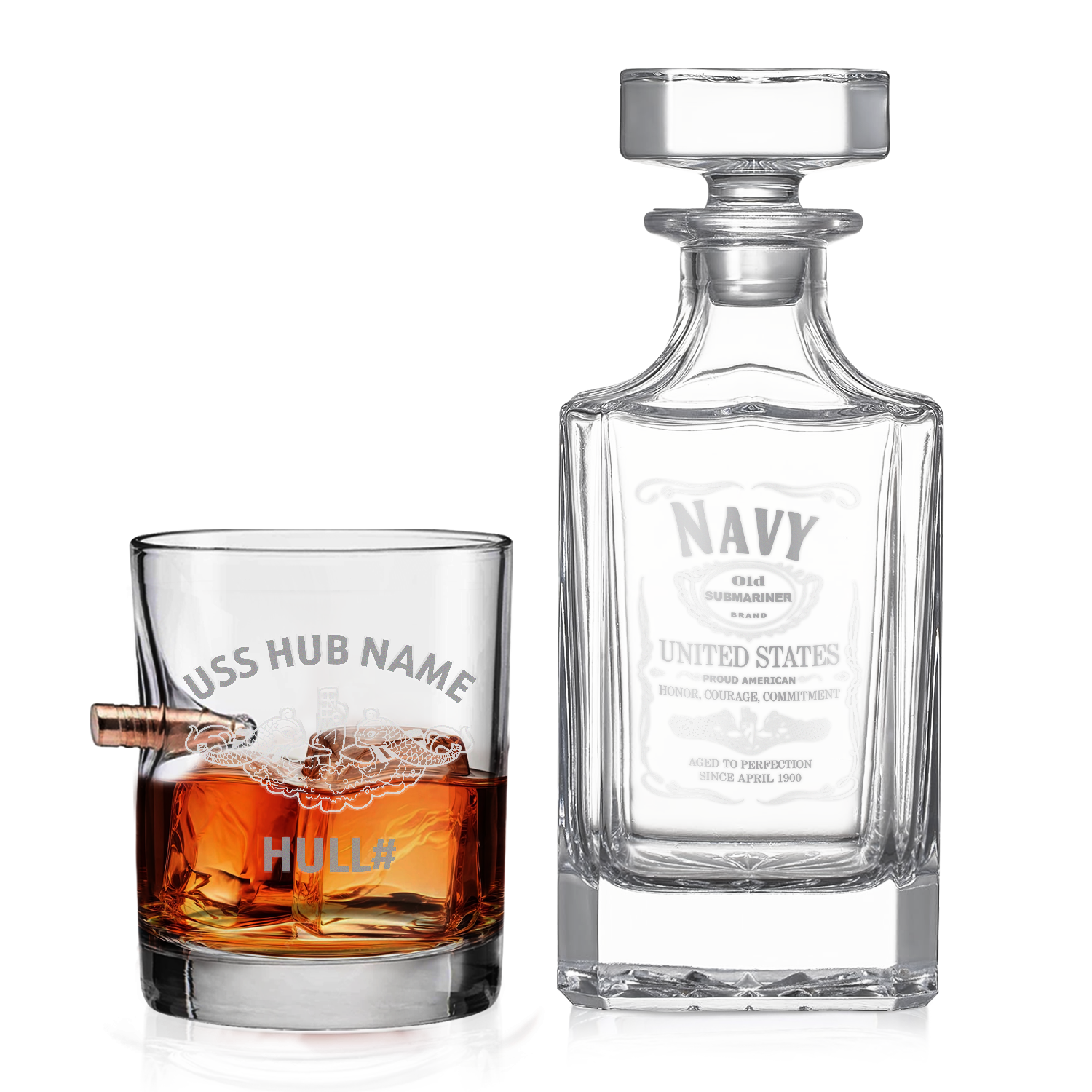 Personalizable Navy Submarine Bullet Whiskey Glass & Decanter Set