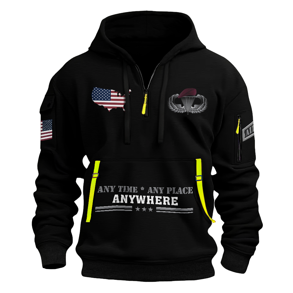 Airborne Paratrooper Any Time Any Place Anywhere Quarter Zip Hoodie