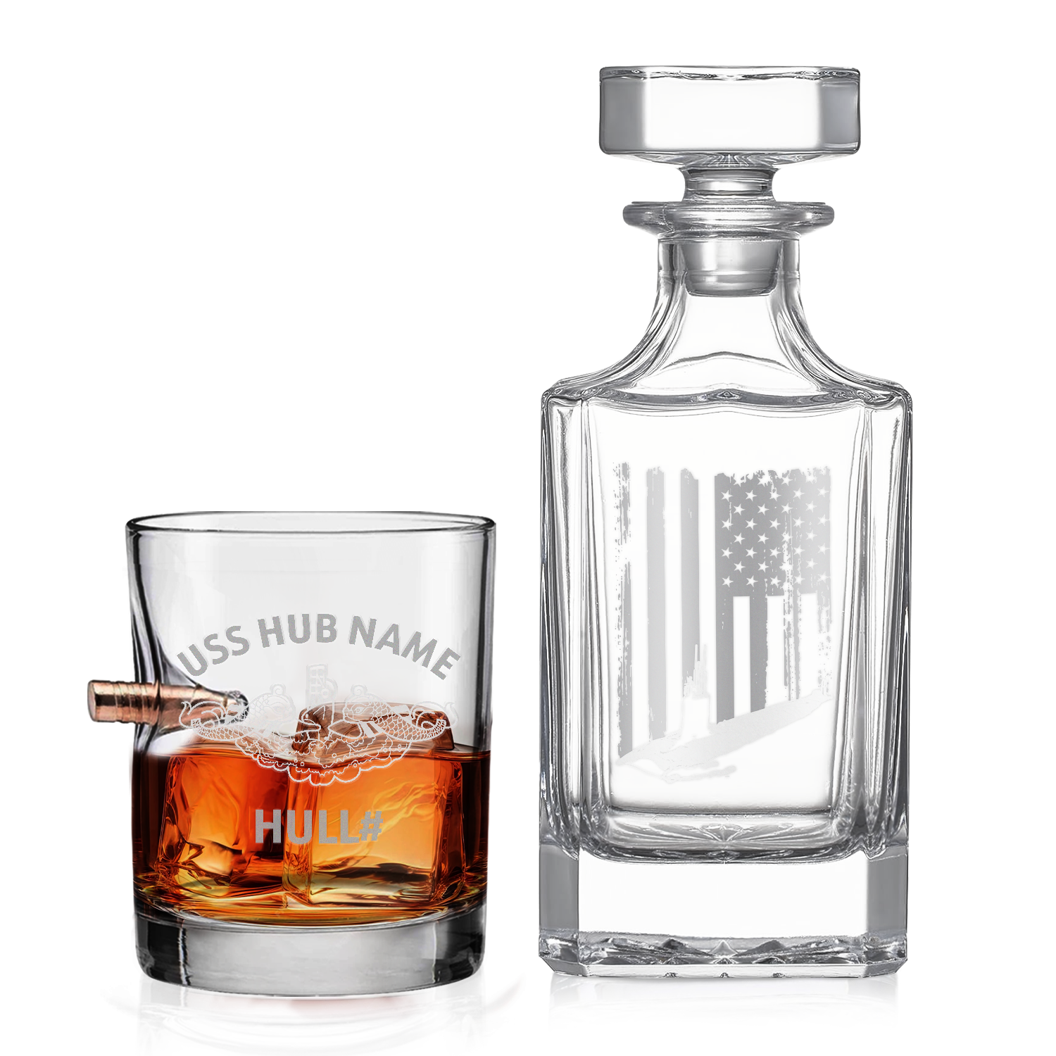 Personalizable Navy Submarine Bullet Whiskey Glass & Decanter Set