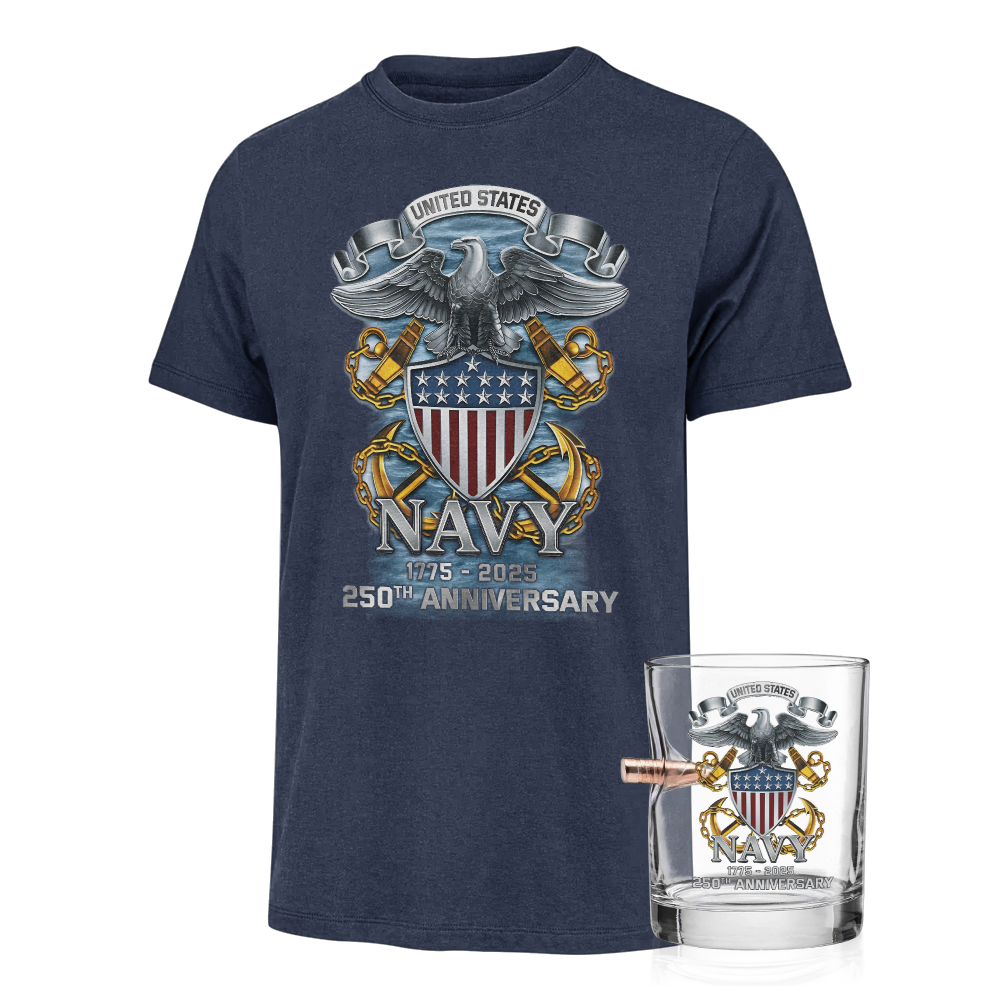 Navy 250th Anniversary Classic Tee & Bullet Glass Combo