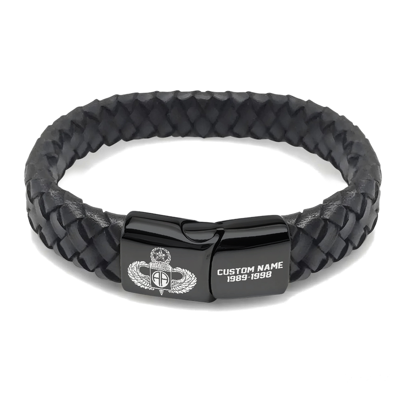 Personalizable 82nd Airborne Division Engraved Braided Leather Bracelet