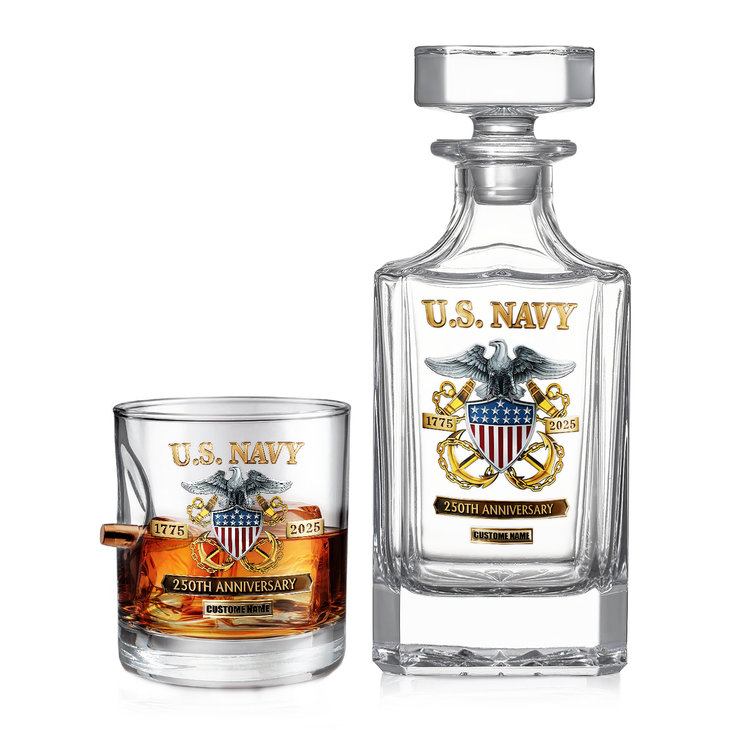 Personalizable Navy 250th Anniversary Bullet Whiskey Glass & Decanter Set