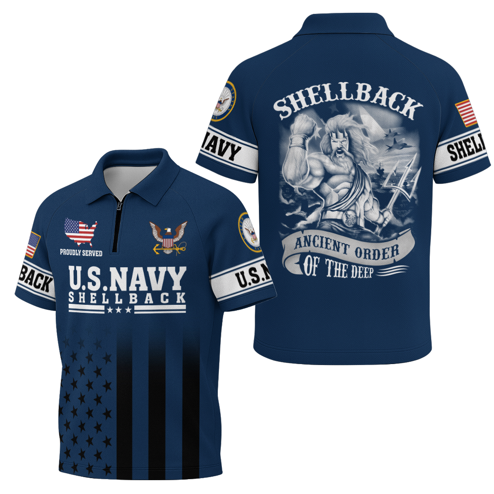 Navy Shellback Ancient Order Of The Deep Raglan Zip Polo Shirt