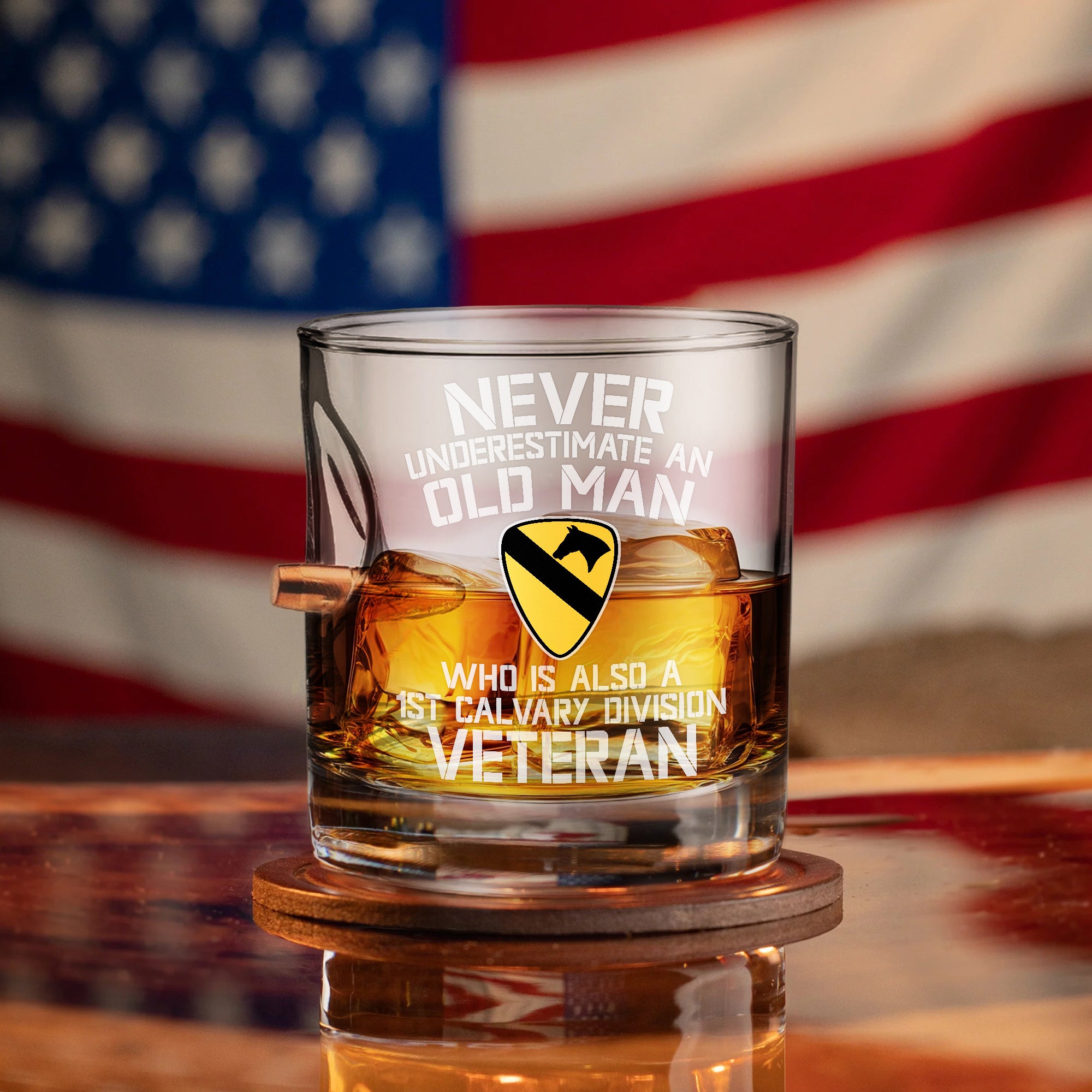 Never Underestimate An Old Man Who Is Also A 1st Calvary Division Veteran Bullet Whiskey Glass