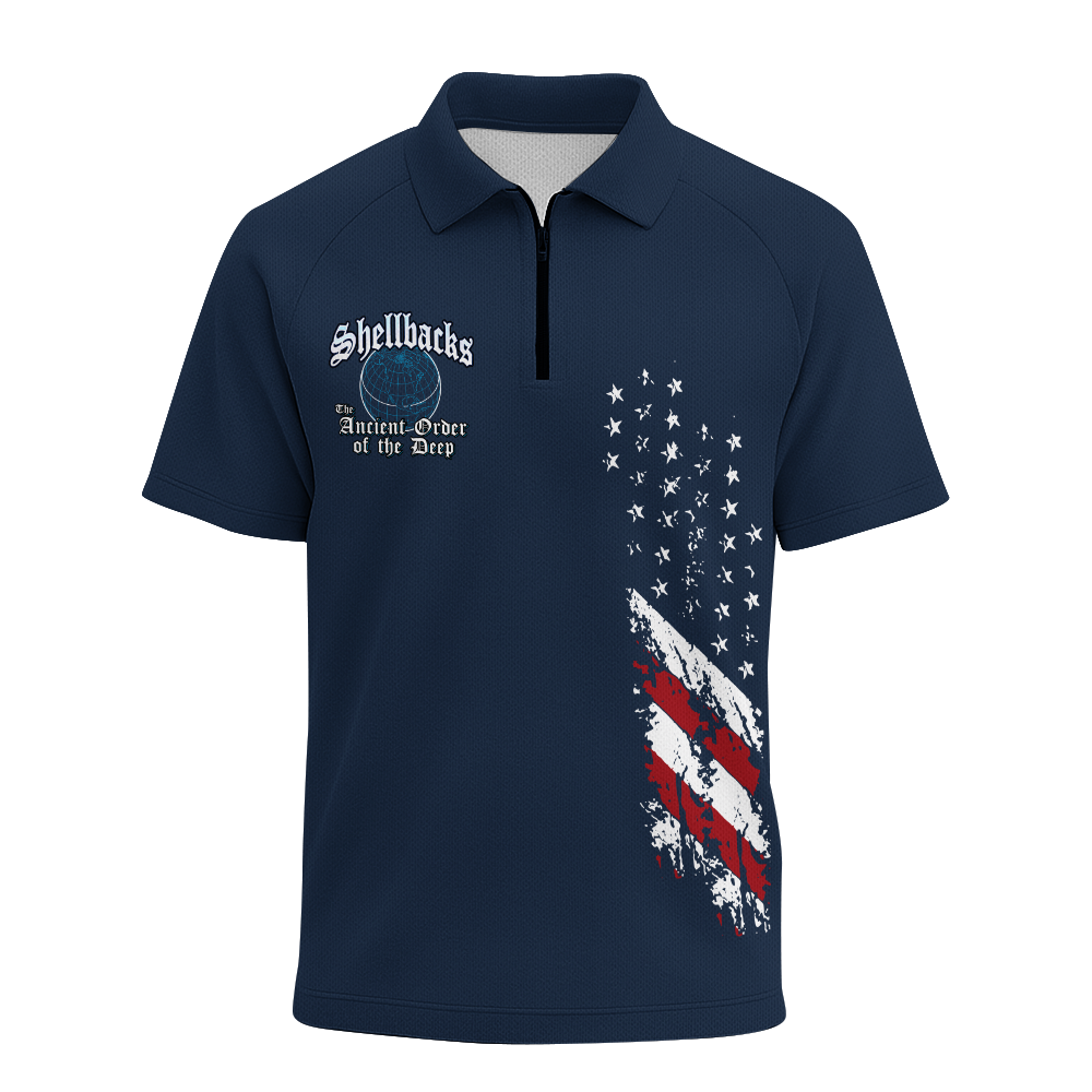 Navy Shellback Ancient Order Of The Deep Raglan Zip Polo Shirt