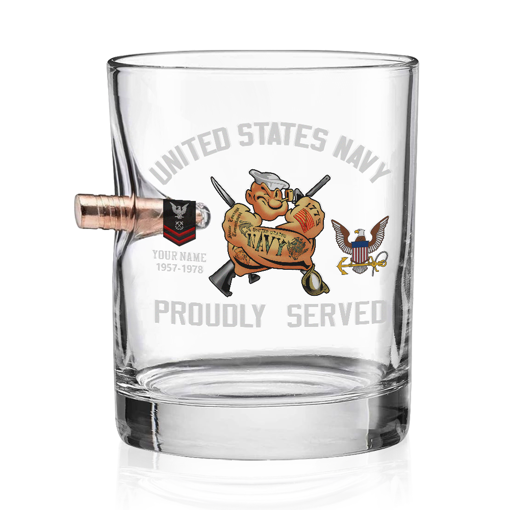 Personalizable Navy Proudly Served Bullet Whiskey Glass