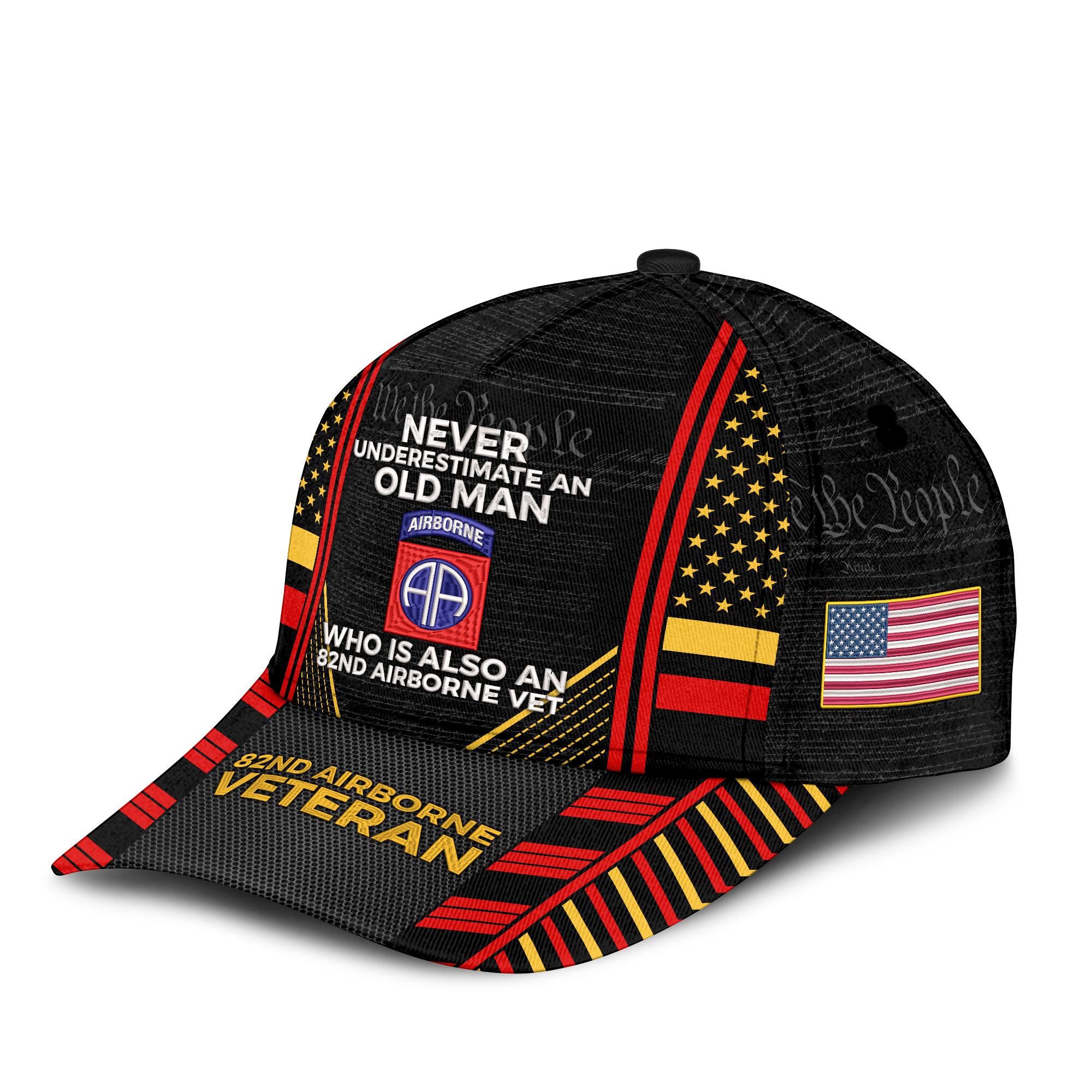 Never Underestimate An Old Man Who Is Also An 82nd Airborne Vet Embroidered & Printed Cap