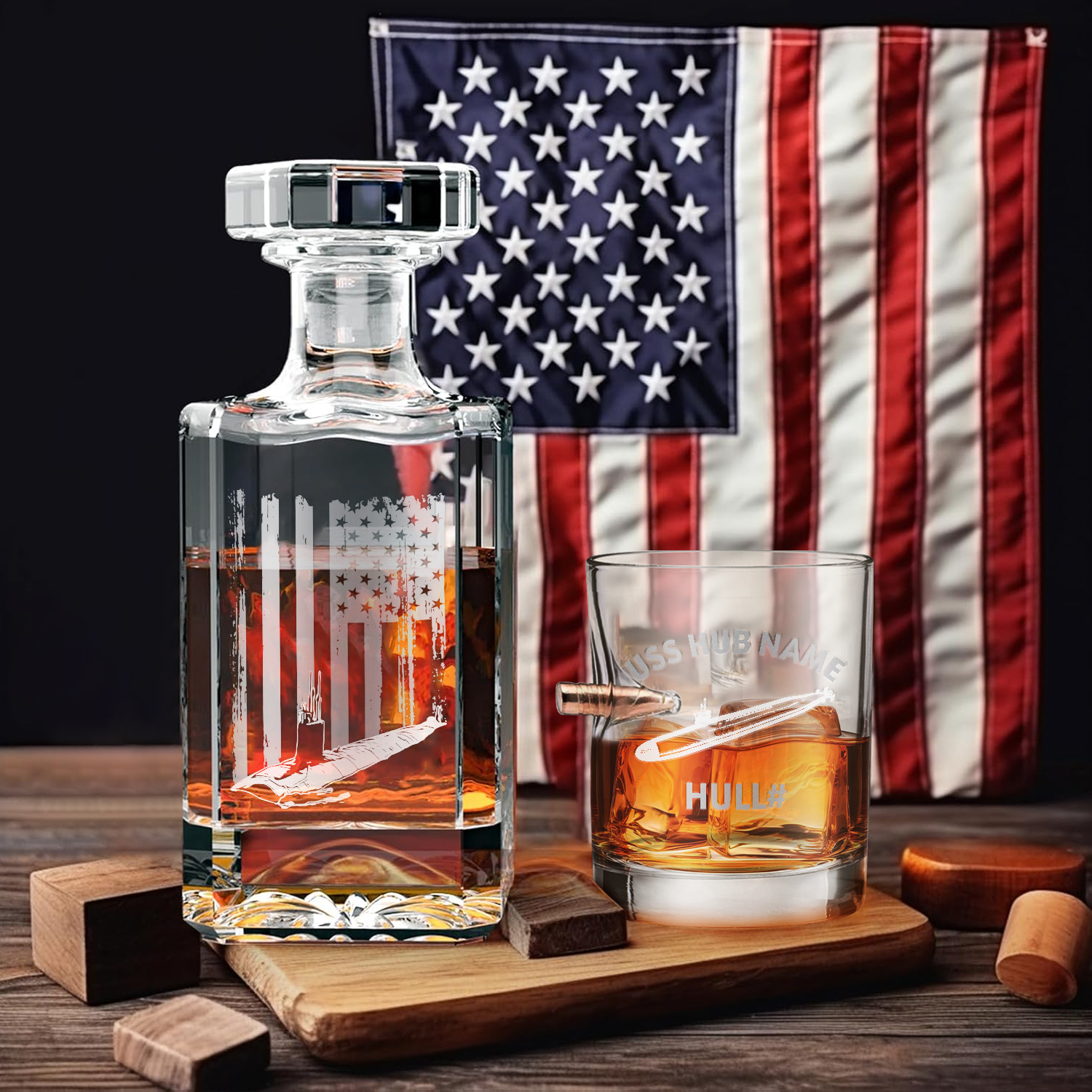 Personalizable Navy Submarine Bullet Whiskey Glass & Decanter Set