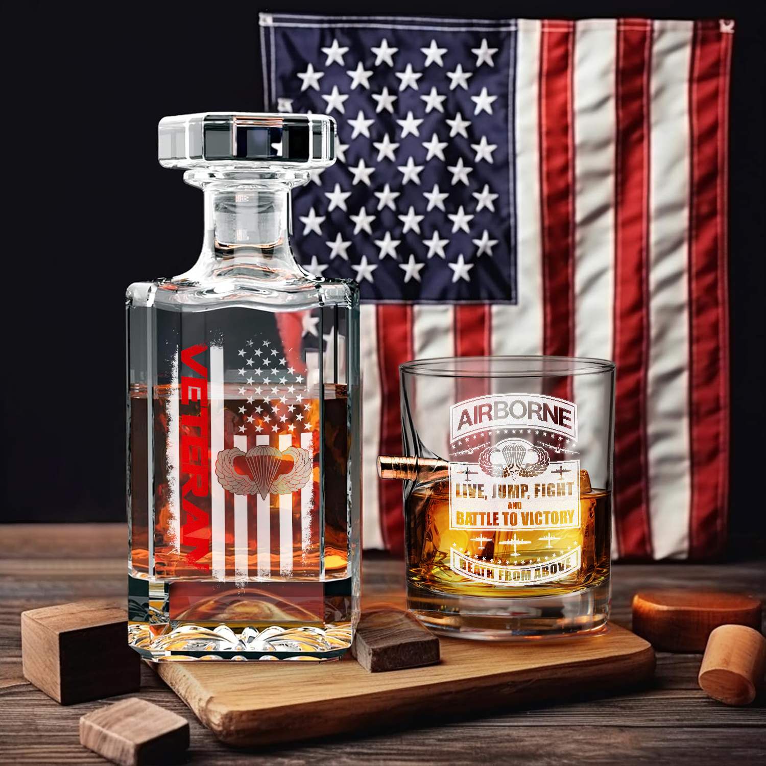 Airborne Veteran Set of 1 Bullet Whiskey Glass & Decanter (x1 Coaster Gift)