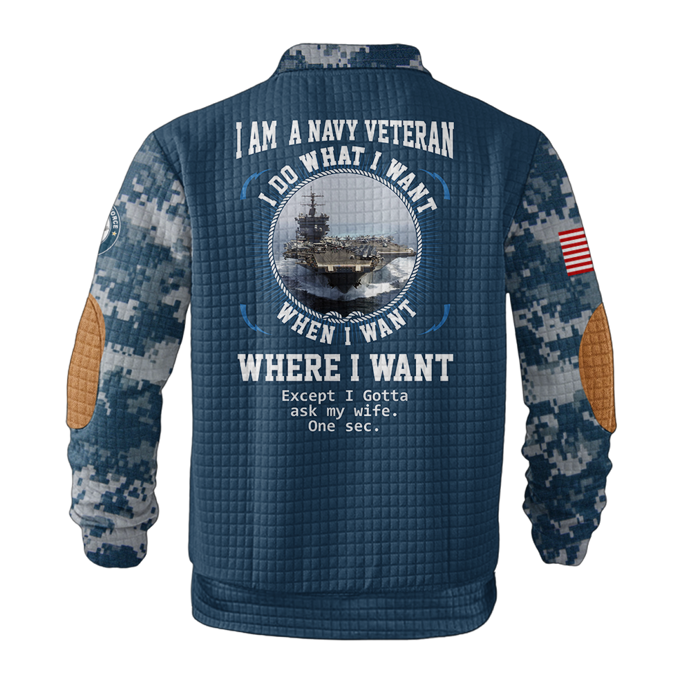 Personalizable I Am a Navy Veteran Waffle Stand Collar Sweatshirt