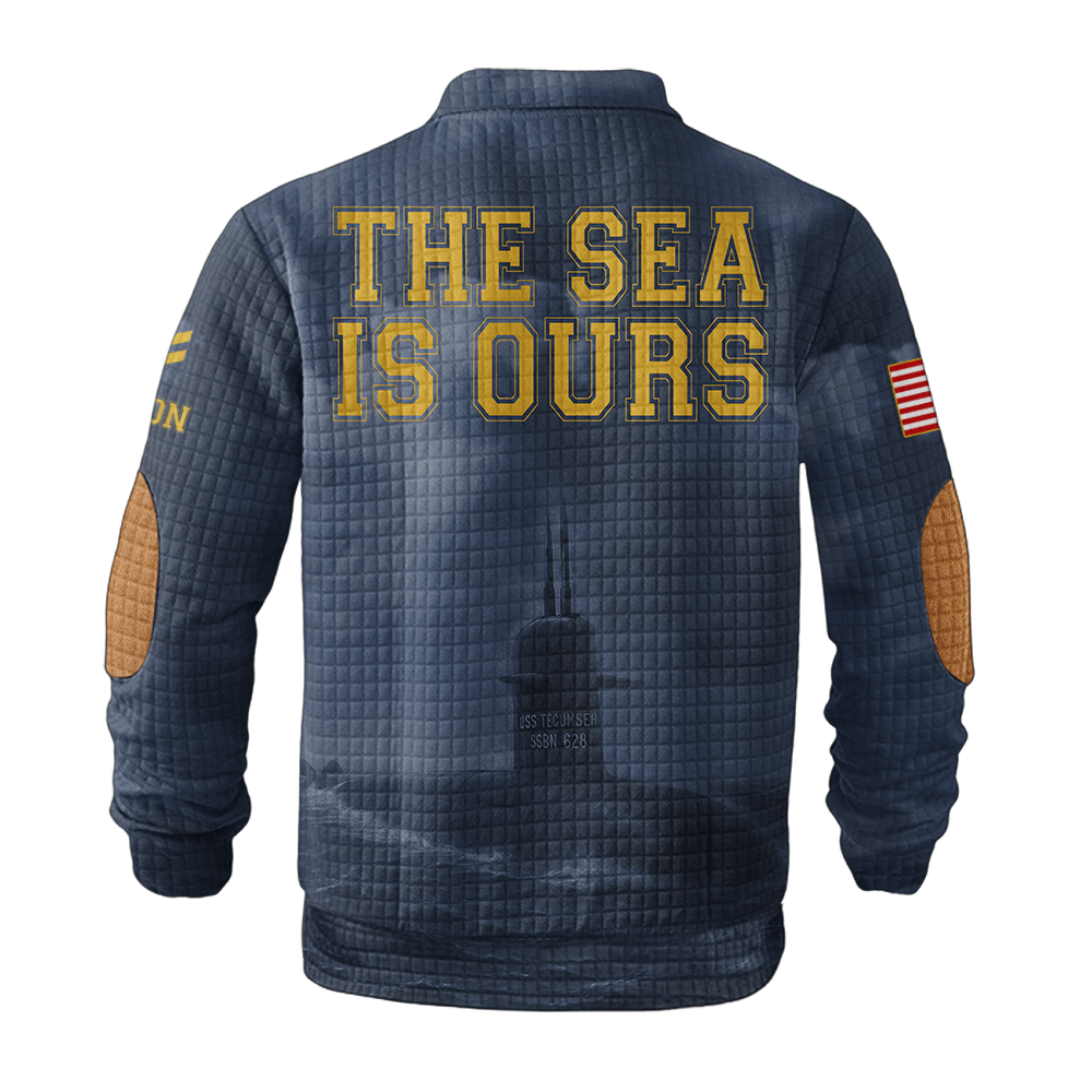 Personalizable Navy Submarine The Sea Is Ours Waffle Stand Collar Sweatshirt