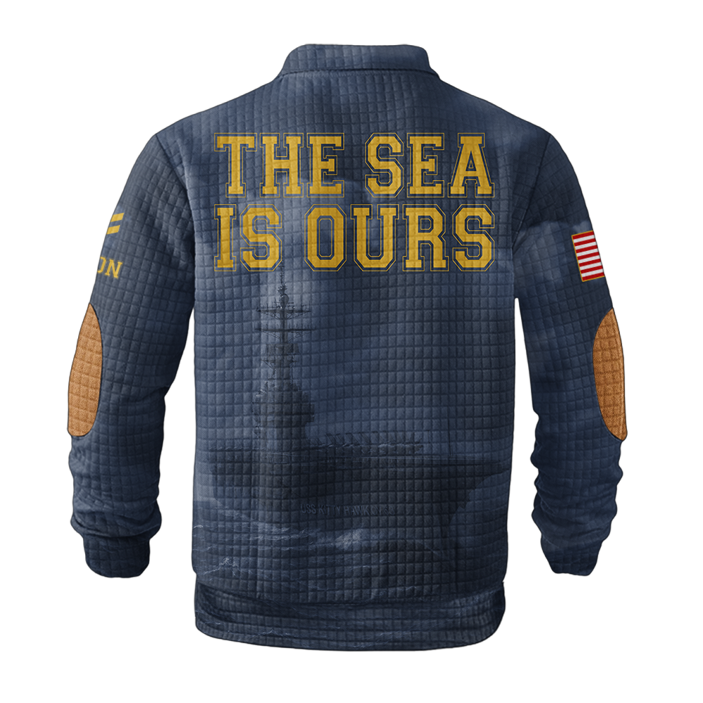 Personalizable Navy The Sea Is Ours Waffle Stand Collar Sweatshirt
