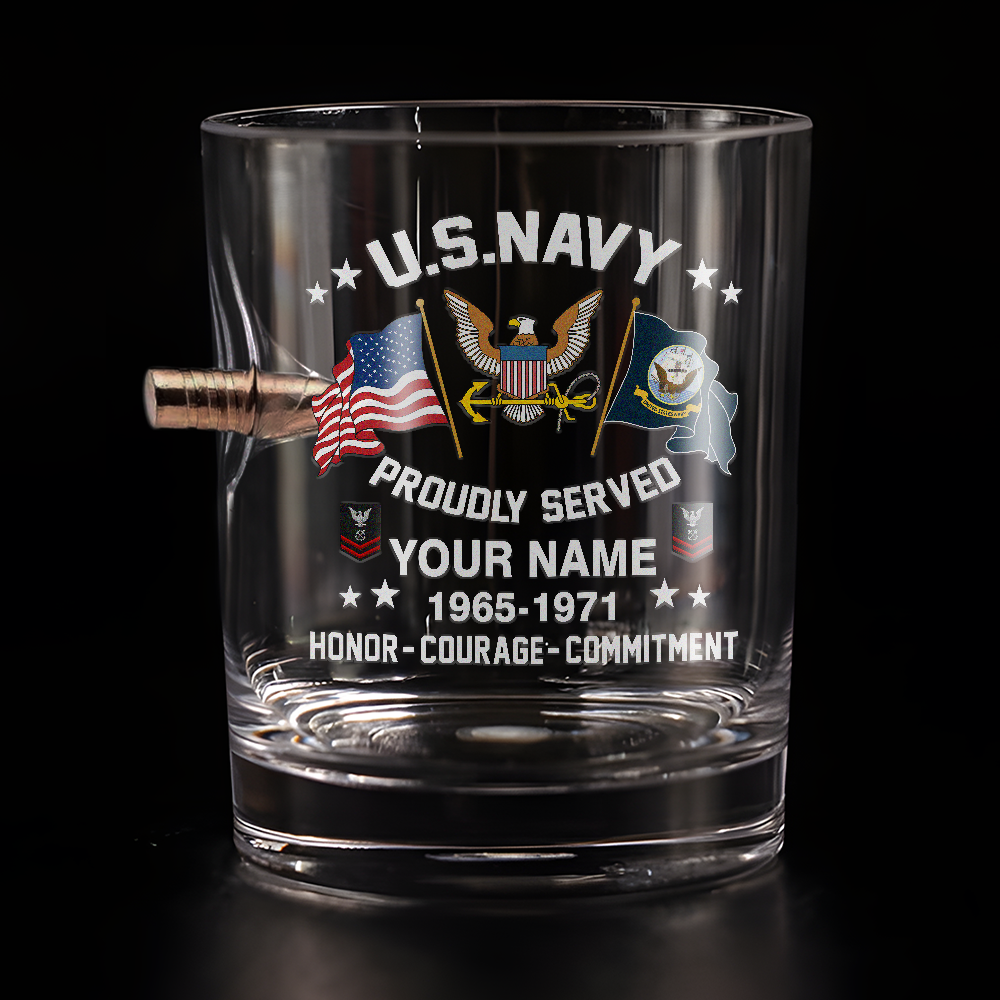 Personalizable Navy Honor Courage Commitment Bullet Whiskey Glass