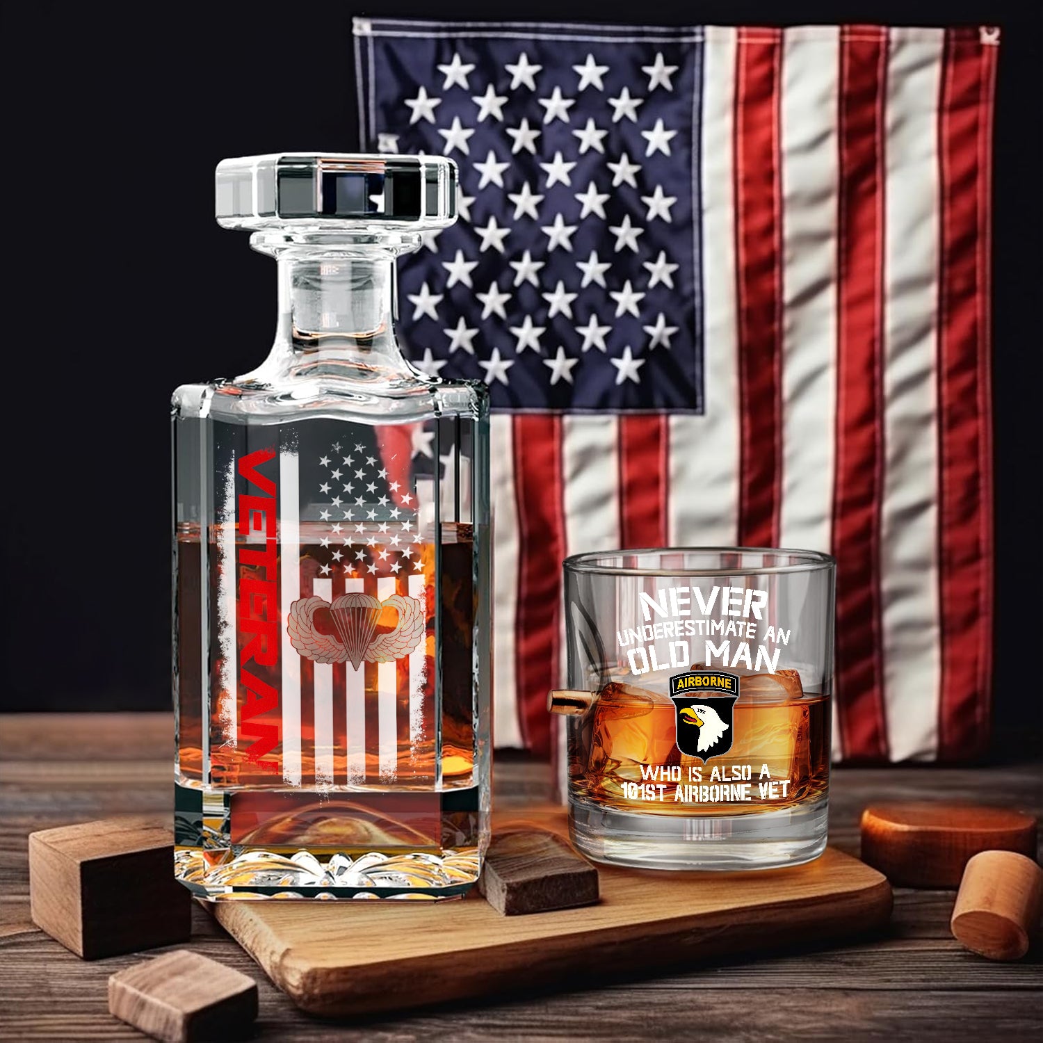 101st Airborne Veteran Set of 1 Bullet Whiskey Glass & Decanter (x1 Coaster Gift)